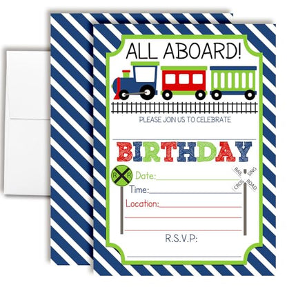 Train Birthday Party Invitations for Boys, 20 5x7 Fill In Cards with Twenty White Envelopes by AmandaCreation - style: Train
