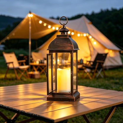 WRalwaysLX 15 inch H The Door-Open Decorative Lantern with flameless LED Candle Light, Outdoor/Indoor LED Lantern, wtith Timer Candle，Plastic with Bronze Undertones.USE 2C Battery(not Include) - size: 1pack 6x15"