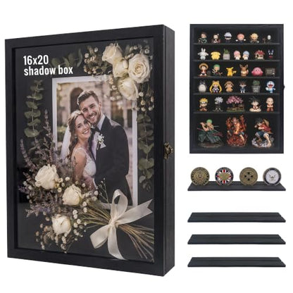 16x20 Wooden Shadow Box Frame with Removable Shelves Deep Display Case for Military Medals Keepsakes Black - color: Black, size: 16x20