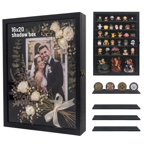GMFrames 16x20 Wooden Shadow Box Frame with Removable Shelves Deep Display Case for Military Medals Keepsakes Black - color: Black, size: 16x20