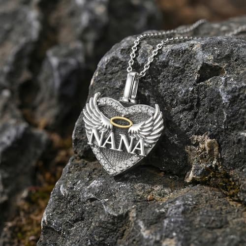 Family Members Urn Necklace for Ashes 925 Sterling Silver Angel Wings Heart Cremation Memorial Keepsake Pendant Jewelry for Loved One's Ashes, with 18" + 2" Stainless Steel Chain - style: Heart-NANA