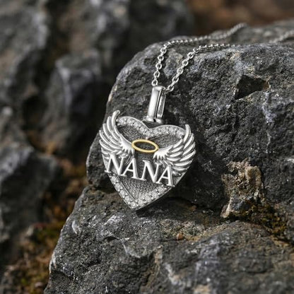 Family Members Urn Necklace for Ashes 925 Sterling Silver Angel Wings Heart Cremation Memorial Keepsake Pendant Jewelry for Loved One's Ashes, with 18" + 2" Stainless Steel Chain - style: Heart-NANA