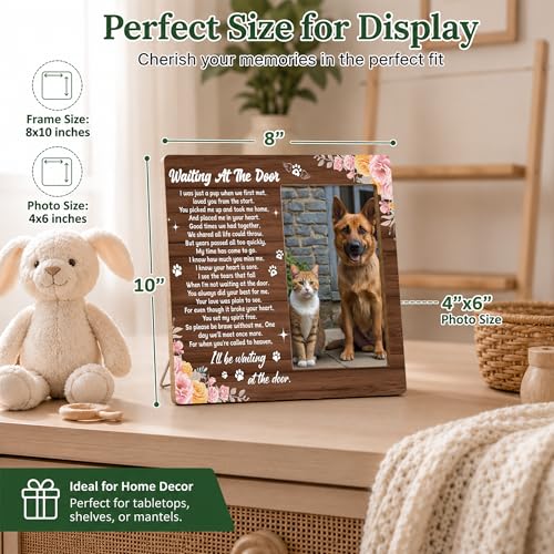 Pet Dog Cat Memorial Photo Frame - Waiting At The Door Dogs Wooden Tabletop Picture Frame - Sympathy Memorial Gifts For Loss Of Dog Cat Owner - In Loving Memory Pink Floral Frames Favors -05 - style: Floral