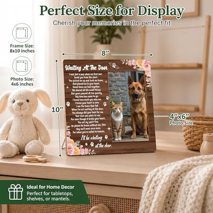 Pet Dog Cat Memorial Photo Frame - Waiting At The Door Dogs Wooden Tabletop Picture Frame - Sympathy Memorial Gifts For Loss Of Dog Cat Owner - In Loving Memory Pink Floral Frames Favors -05 - style: Floral