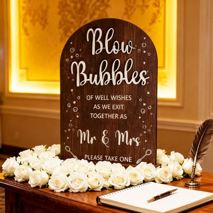 Wood Blow Bubbles Sign Modern Calligraphy for Wedding Ceremony | Modern Calligraphy, Rustic Wooden, Table Top, Wedding Reception and Event Party - color: Brown-Blow Bubbles