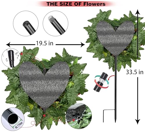 Artificial Cemetery Flowers, Grave Memorial Flowers with Ground Spike,Heart Shaped Wreaths Rose Daisy for Gravesites Decoration（Red）