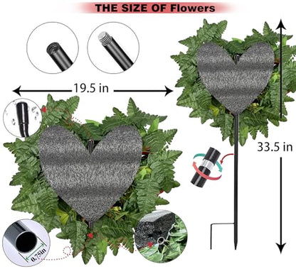 Artificial Cemetery Flowers, Grave Memorial Flowers with Ground Spike,Heart Shaped Wreaths Rose Daisy for Gravesites Decoration（Red）