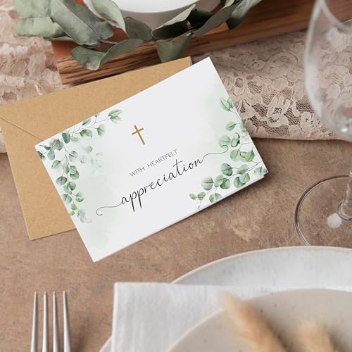 50 Funeral Thank You Cards with Envelopes, Eucalyptus Leaves Design | 4×6In, Sympathy Thank You Cards, Watercolor, Bereavement Thank You Cards,Message Inside for Funeral Family Friends Loved Ones - color: Light Green