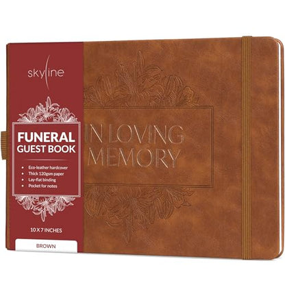 Skyline Funeral Guest Book, Memorial Service Sign-In, Brown | 10x7 in, 610 entries, Eco leather hardcover, Personalized celebration of life guestbook, Memory book & condolence register - color: Brown