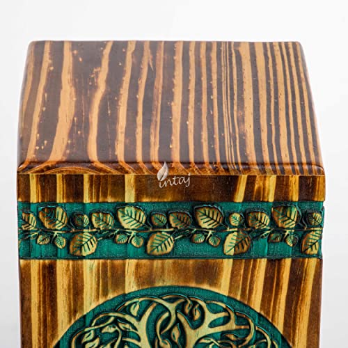 Wooden Urn for Human Ashes, 640 Cu in, XX-Large, Teal & Gold | Hand-carved wood, teal over gold, screw-locked sliding base, engraving available, holds two adults, to 640 lb combined - color: Teal & Gold, size: XL - 14Hx7.5W (640 Cu/In)