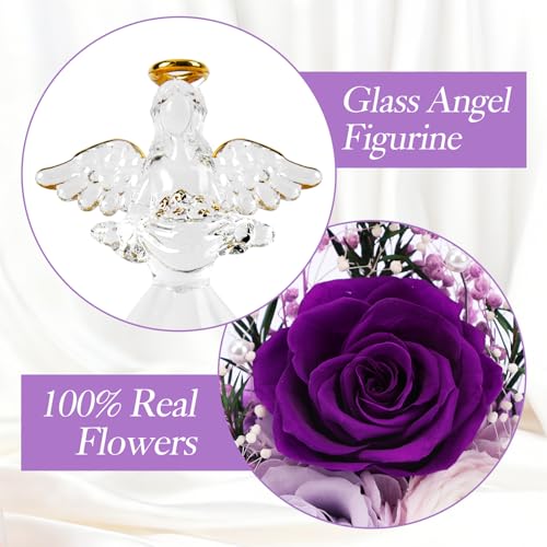 Casaido Mothers Day Rose Gifts for Women, 7" Purple Preserved Roses Flowers in Glass Angel Figurine, Birthday Gift for Mom Wife Grandma, Eternal Rose for Valentines Christmas Anniversary - color: Purple