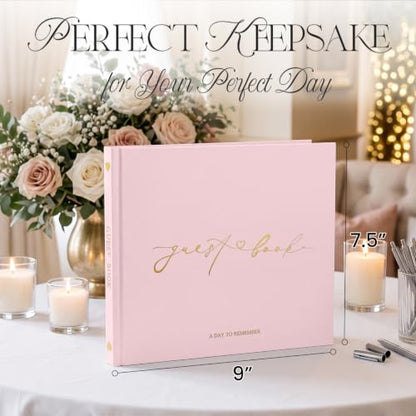 Wedding Guest Book, Polaroid Photo Guestbook for Baby Shower, Blank Pages | Table Sign Included, Gold Stamping, Hardcover, 9x7.5", Perfect for Bridal Party & Baby Shower, Pink - color: Pink