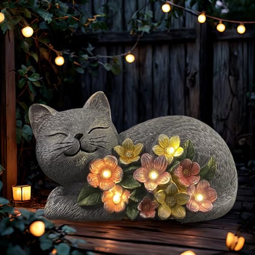 Solar Cat Garden Statue, Resin Solar Cat Lights for Outside - color: Gray With Colorful Flowers--lying Cat