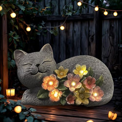 Solar Cat Garden Statue, Resin Solar Cat Lights for Outside - color: Gray With Colorful Flowers--lying Cat