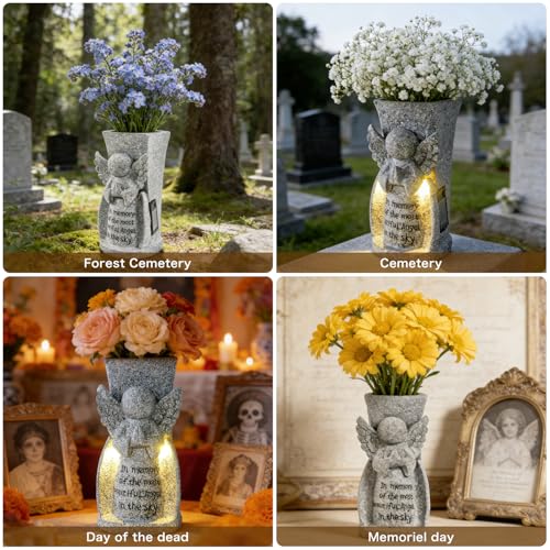 HUYIENO Solar Cemetery Flower Vase Angel Memorial Vase for Grave Outdoor Waterproof Cemetery Decorations with Metal Spikes Sympathy Loss Gift Memorial Gifts - style: Angel