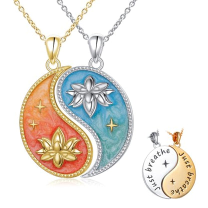FLYOW S925 Sterling Silver Best Friend Couple Pendant Friendship Sun Moon Lotus Yin Yang Matching Bff Necklace for Women Jewelry - style: Lotus Yin Yang