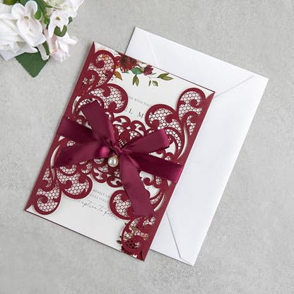 20Pcs Burgundy Laser Cut Wedding Invitation Cards With Envelopes - color: Burgundy