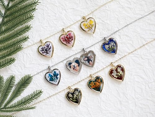 Handmade Dried Pressed Flower Heart Shaped Photo Locket Pendant Necklace - color: Gold, style: Blue Flower on White