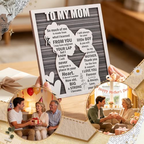 Love Mom Plaque for Mother’s Day, Mama Gift from Son on Birthday, Thanksgiving, Valentine’s &, Rustic Mom and Son Hug Sign - style: Mom & Son
