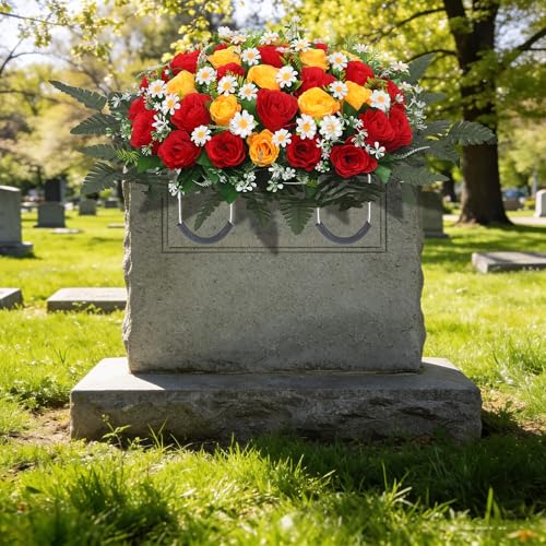 Wocst Headstone Flower Saddle,Large Artificial Cemetery Flowers for Grave Artificial Roses Daisy Saddle for Cemetery Headstone (Yellow) - color: Yellow
