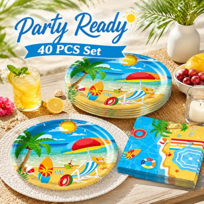 40 Pcs Beach Plates and Napkins, Large 9 Inch Tropical Hawaii Plates - color: Beach