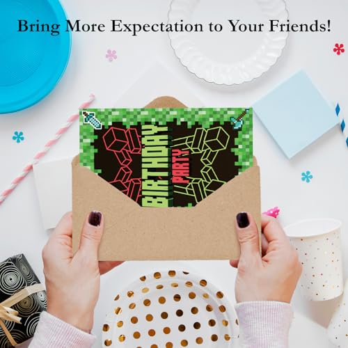 Pixel Birthday Invitations for Boys Video Gaming Invites with Envelopes 20 - color: Green Gaming Pixel