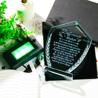 Difference Maker Gifts for Women Men, Appreciation Crystal Plaque | Difference Maker Engraved Definition Desk Decor with Light Base, You Made a Difference Gifts for Teacher Nurse Mentor Boss - style: Difference maker+Light Base