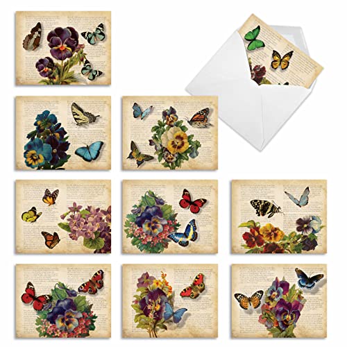 The Best Card Company - 10 Boxed Note Cards with Flowers - Blank Assorted Floral Notecards Bulk (4 x 5.12 Inch) - Fluttering Words M6477OCB - style: Fluttering Words