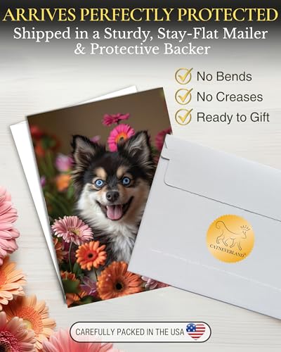 Pomsky with Flowers All Occasions Greeting Card - Dog with Flowers from Unique Dogs Party Delights Collection - Large 5x7 Inch - Blank Inside with A7 Invitation Style White Envelope | 5x7 Inch Card, Blank Inside, Premium Silk Cardstock, Made in USA by USA