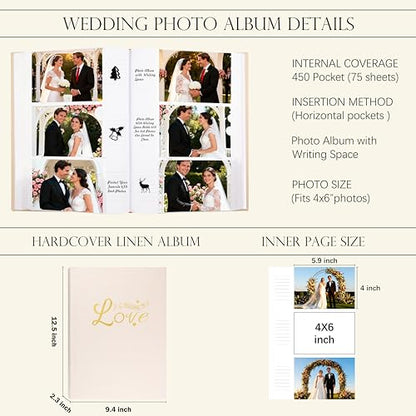 Photo Album 4x6 Wedding with Writing Space for 450 Photos Linen Cover Hardcover Horizontal, 4 x 6 Photo Album Picture Book for Kids Travel Family Baby Pictures Beige - color: Khaki