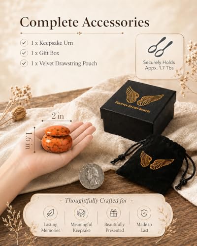 CHONOVO Small Ceramic Keepsake Urn, 1.6'' with Velvet Bag and Box - color: Orange