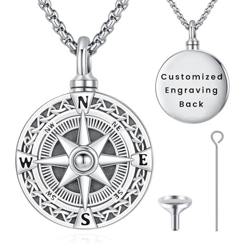 Urn Necklace for Ashes for Women/Men 925 Sterling Silver Cremation Jewelry w/Funnel Filler Memorial Jewelry Gifts - color: D-Compass 3, style: Customized