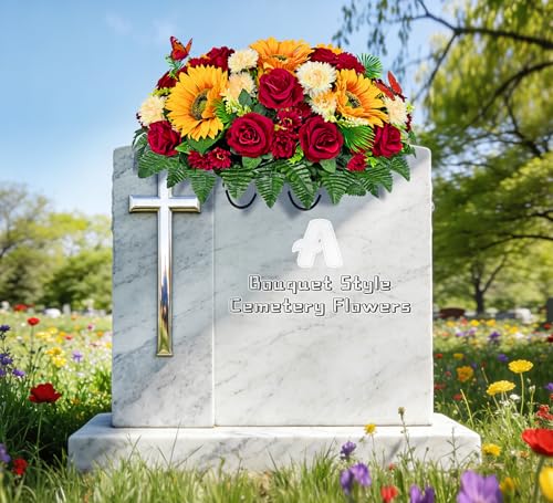Artificial Headstone Flower Saddle,Cemetery Flowers,Memorial Flowers,Beautiful Arrangements-Silk Daisy Rose Sunflower Chrysanthemum