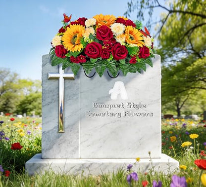 Artificial Headstone Flower Saddle,Cemetery Flowers,Memorial Flowers,Beautiful Arrangements-Silk Daisy Rose Sunflower Chrysanthemum