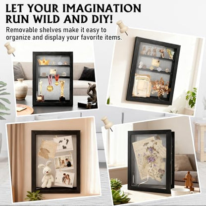 Shadow Box 14x11 Black Picture Frames Display Cases with LED Light,Memory Keepsakes Boxes with 4 Removable Trinket Shelf,for Anniversary Wedding Baby Graduates Memorial Collect-Distressed Retro - color: Black