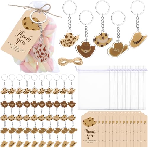 Equsion 50 Sets Western Cowboy Party Favors Brown Acrylic Cowboy Hat Keychain with Organza Bags and Thank You Tags for Wedding Birthday Baby Shower Party Supplies - style: Brown Cowboy Hat