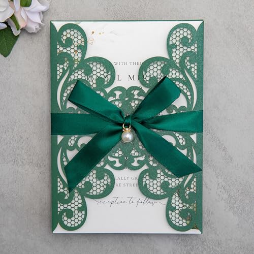 20Pcs Emerald Green Laser Cut Wedding Invitation Cards With Envelopes - color: Emerald Green