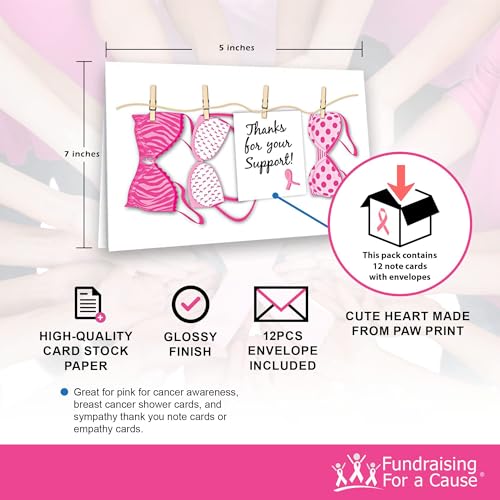 Fundraising For A Cause 12 Pink Ribbon Note Cards - Breast Cancer Thank You Cards with Envelopes