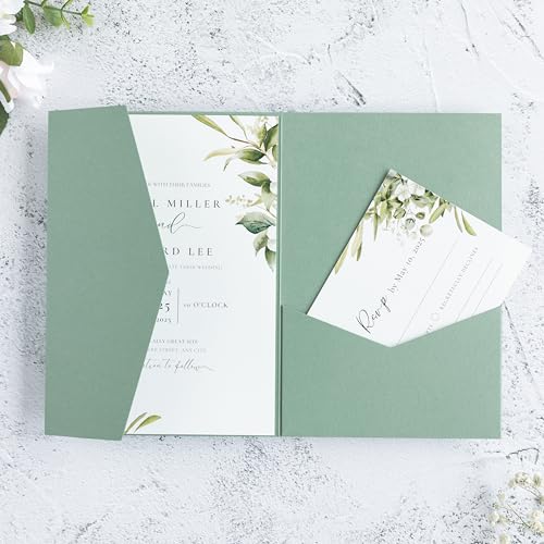 20 PCS Sage Green Tri-fold Laser Cut Wedding Invitation Pockets for 5x7 Wedding Cards Bridal Shower Engagement Quinceanera Invitation - color: Sage Green