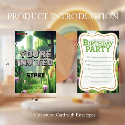 Pixel Games Birthday Invitations Jungle Party Cards with Envelopes - color: Green Pixel Games