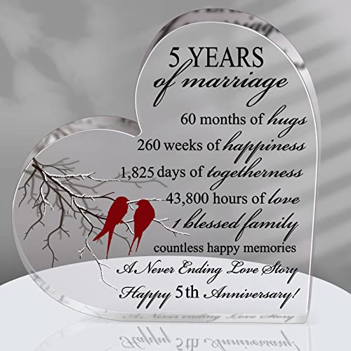 Qunclay 5th Marriage Gift for Parents Couple 5 Years Wedding Anniversary Souvenir Heart Marriage Keepsake Wedding Anniversarys Decorations for Women Men Mom Husband Wife He She Friend Grandparents - style: 5th