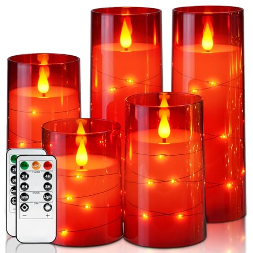 Homemory Acrylic Flameless Candles with Embedded Star String Fairy Lights, Battery Operated Candle, LED Candles, Fake Candles with Remote Control and Timer, Red, Set of 5(H4 5" 6" 8" 8") - color: Red, size: D3"x H4"5"6"8"8"
