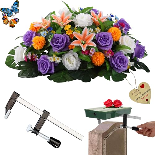 Cemetery Memorial Flowers,Headstone Flower Saddle,Artificial Grave Decor | Gravestone Saddles, Tombstone Flowers Saddle, Mother's Day, Memorial Day, Christmas, Gravesite Saddles, Never Be Blown Away - color: Purple
