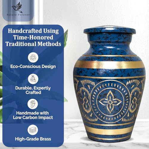 Small Urns for Human Ashes – Brass Hand-Engraved Funeral Keepsake with Elegant Blue Finish – Mini Cremation Memorial for Mom, Dad & Loved Ones - color: Blue