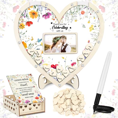 Chunful Hearts Guest Book Alternative with 100 Wooden Hearts Chips Box and Pen Brown Wooden Heart Picture Frame Rustic Guest Book Reception for Wedding Baby Shower Birthday Ceremony(Wildflower) | Drop Box with Photo Frame and Pen, Rustic Decor for Recepti