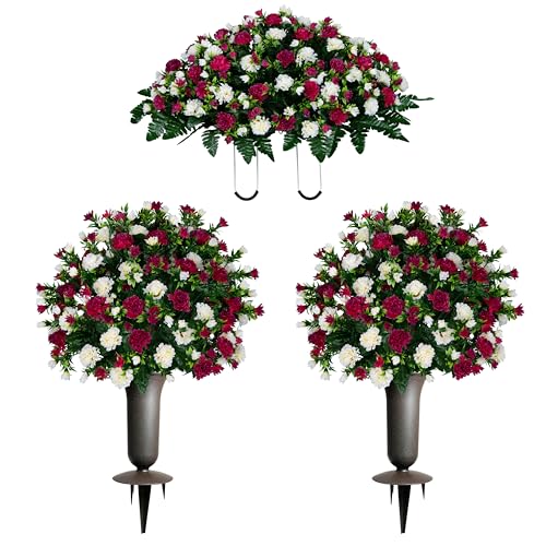 Sympathy Silks Artificial Cemetery Flowers - Gravesite Memorial Arrangment - Beauty & Cream Garden Mums - (1) Saddle (2) Bouquets (2) Vases - color: Beauty & Cream, size: (1) Saddle (2) Bouquets (2) Vases