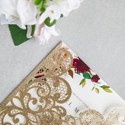 20Pcs Gold Glitter Laser Cut Wedding Invitation Cards With Envelopes - color: Gold Glitter