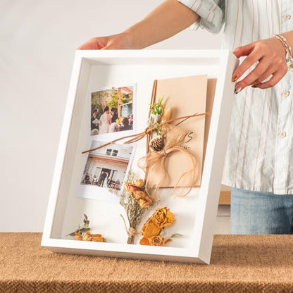 11x14 Shadow Box Frame with Ultra-Clear Glass & Soft Linen Back | With Push Pins and Stand, Deep 1.5" White Shadow Box Display Case – Display on Tabletop or Wall for Photo, Wedding, Keepsake - color: White+high Definition Panel + Shatter-proof Packaging,