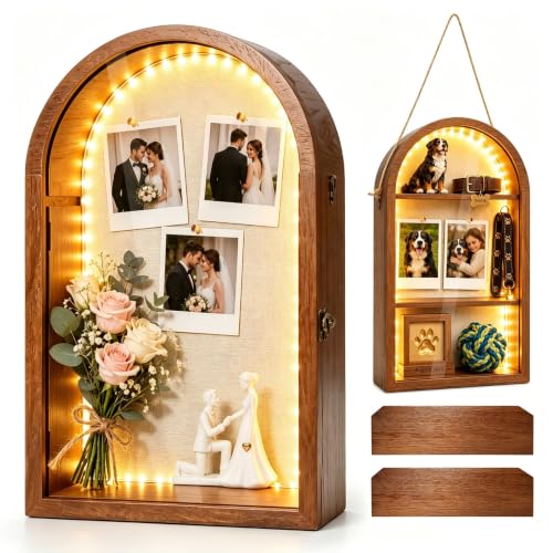 Lighted Shadow Box Frame 10x16, 4-Inch Deep with Removable Shelves | Built-In LED Light Clear Acrylic Door Warm Walnut Finish Memory Box for Medals, Wedding Bouquet, Keepsakes & Pet - color: Walnut With Light