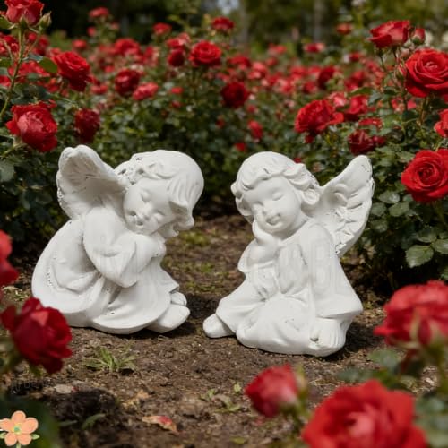 yiyuehang&BL Mini Angel 2-Piece Resin Statues Indoor Outdoor Garden Patio | 2Pcs weatherproof white resin praying angels, tiered tray decor, thoughtful religious sympathy memorial gift indoor outdoor.